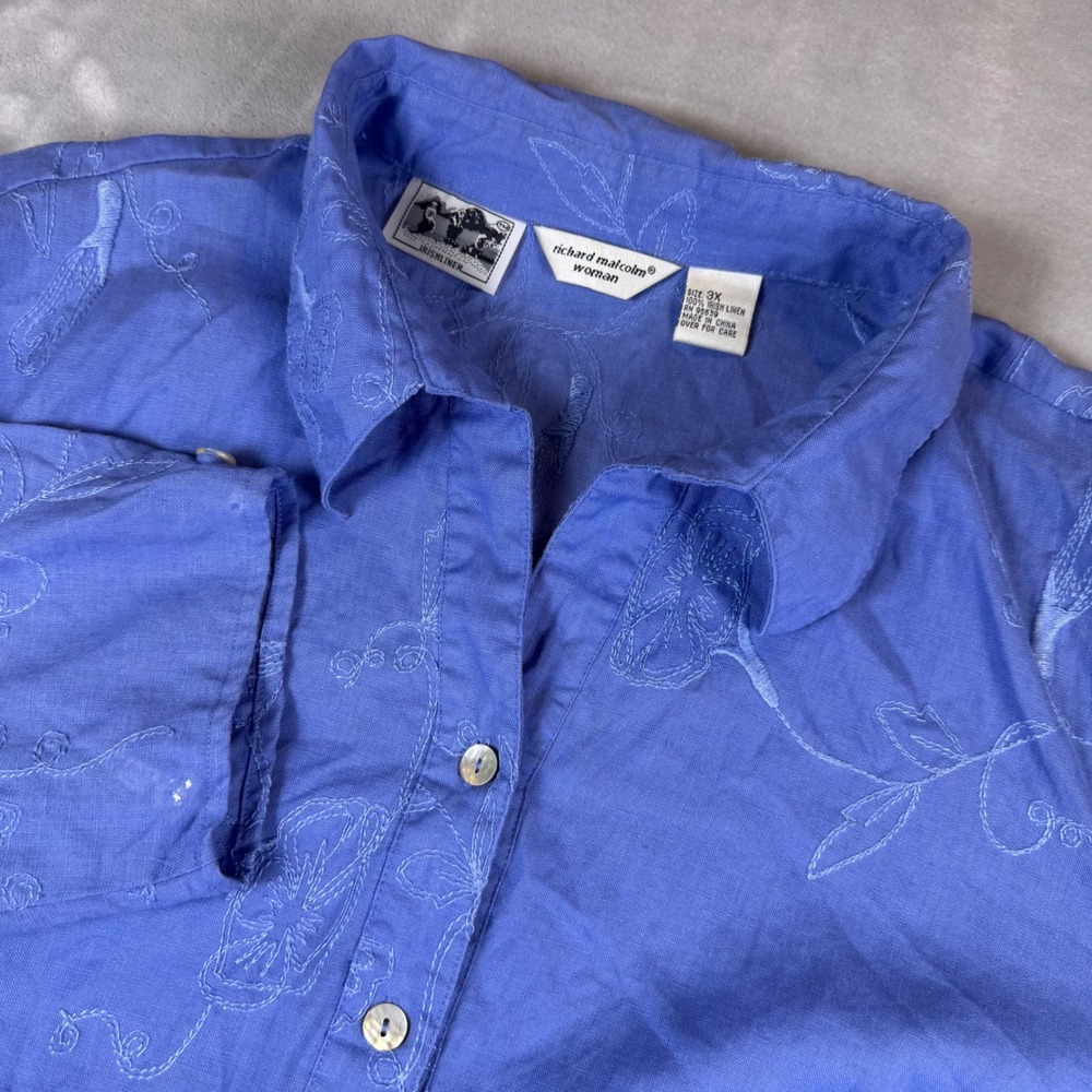 Richard Malcolm Woman Blue Linen Embroidered Buttonโ Up Shirt 3X*